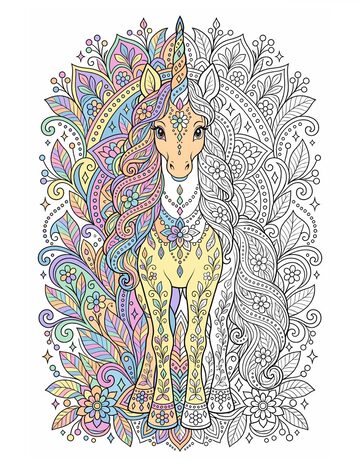 Ausmalblatt mit einem Einhorn-Mandala, das zur Hälfte bunt ausgemalt ist